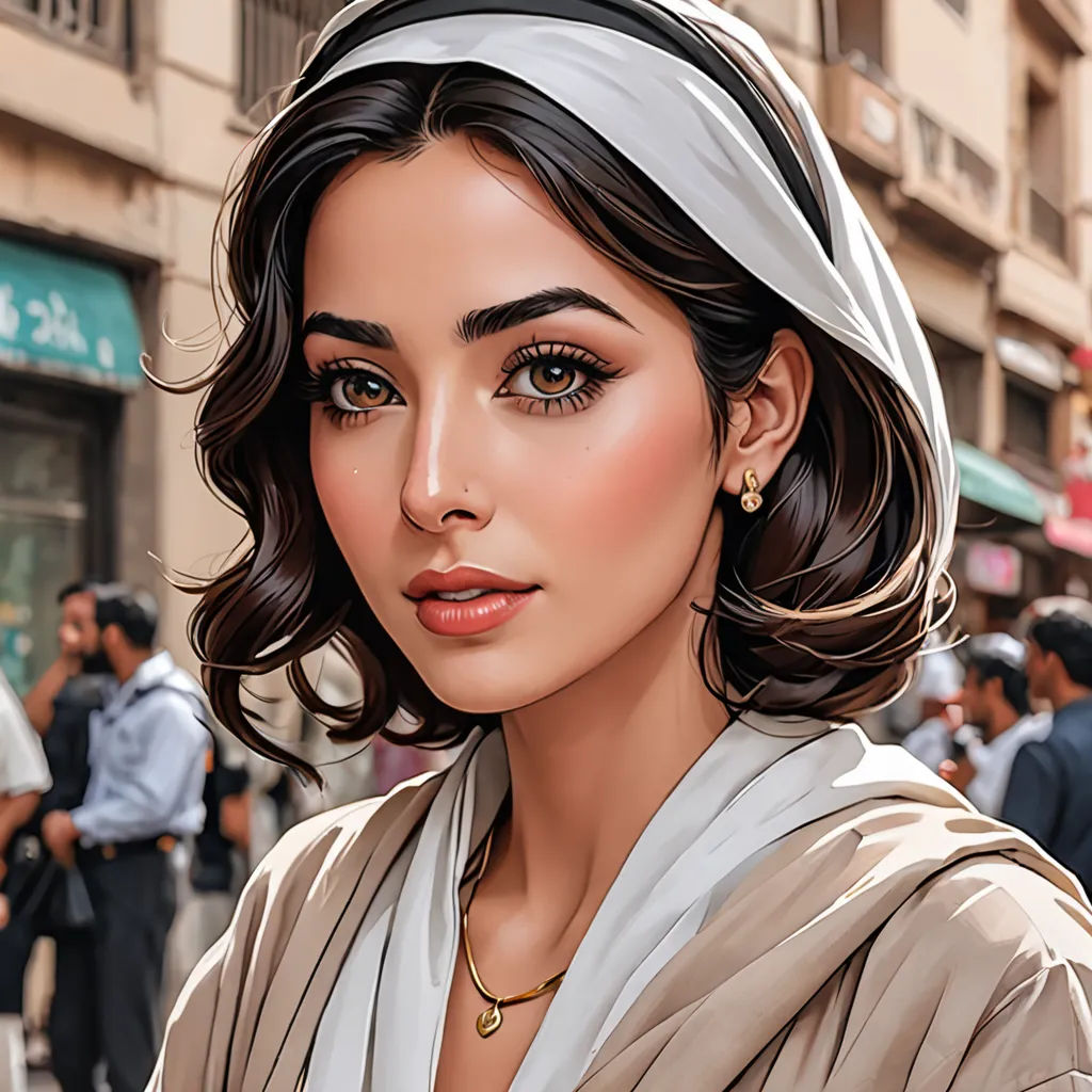 a woman with a scarf around her head and a scarf around her head is standing in front of a crowd of people, photorealism, a digital painting, Artgerm, highly detailed digital painting