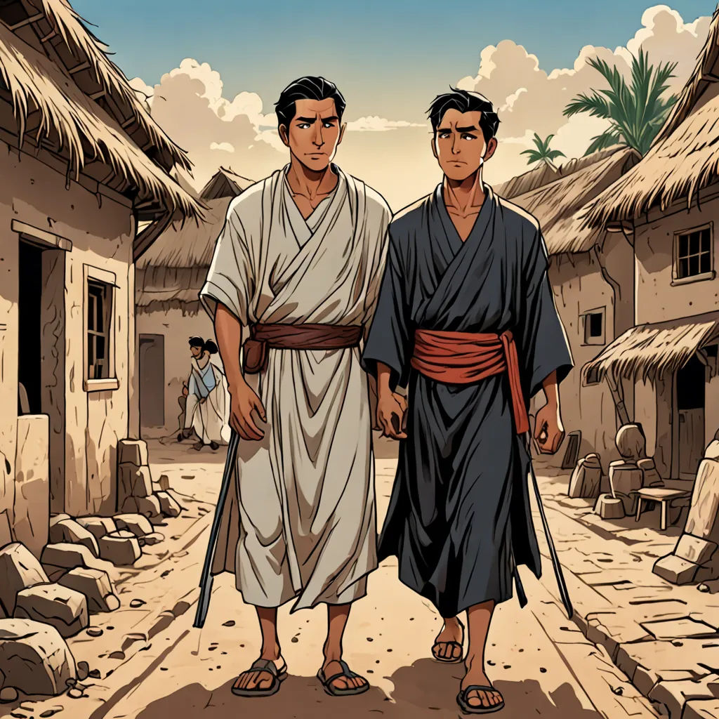 two men in ancient clothes standing in a village with thatched roofs and stone buildings on either side of them, hurufiyya, a comic book panel, Baiōken Eishun, official art