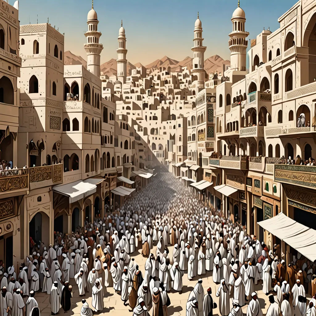 a painting of a crowd of people in a city square with a large crowd of people standing around the area, hurufiyya, a detailed matte painting, Christophe Vacher, orientalism