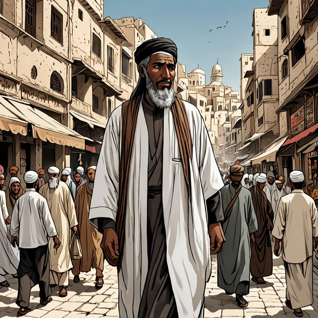 a man with a beard and a white robe is walking in a crowded street with people in the background, hurufiyya, a comic book panel, Asaf Hanuka, graphic novel