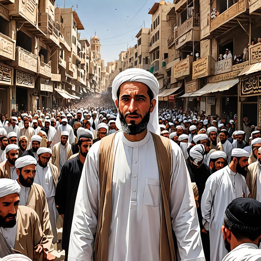 a man standing in front of a crowd of people in a city street with buildings in the background and a sky background, unilalianism, a photo, Andreas Gursky, award-winning photograph
