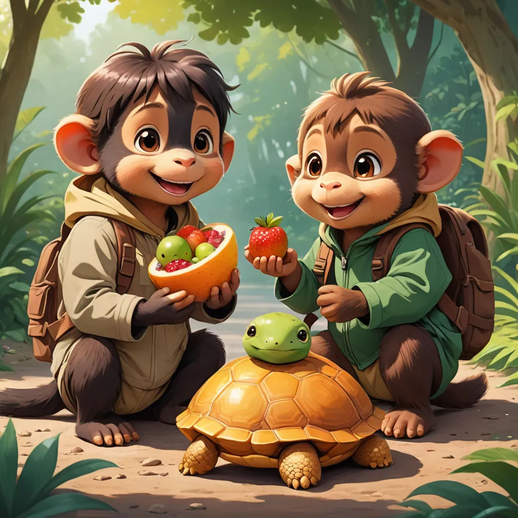 two monkeys are eating fruit from a bowl on a turtle's back while another monkey eats a strawberry, furry art, poster art, Chris LaBrooy, official art