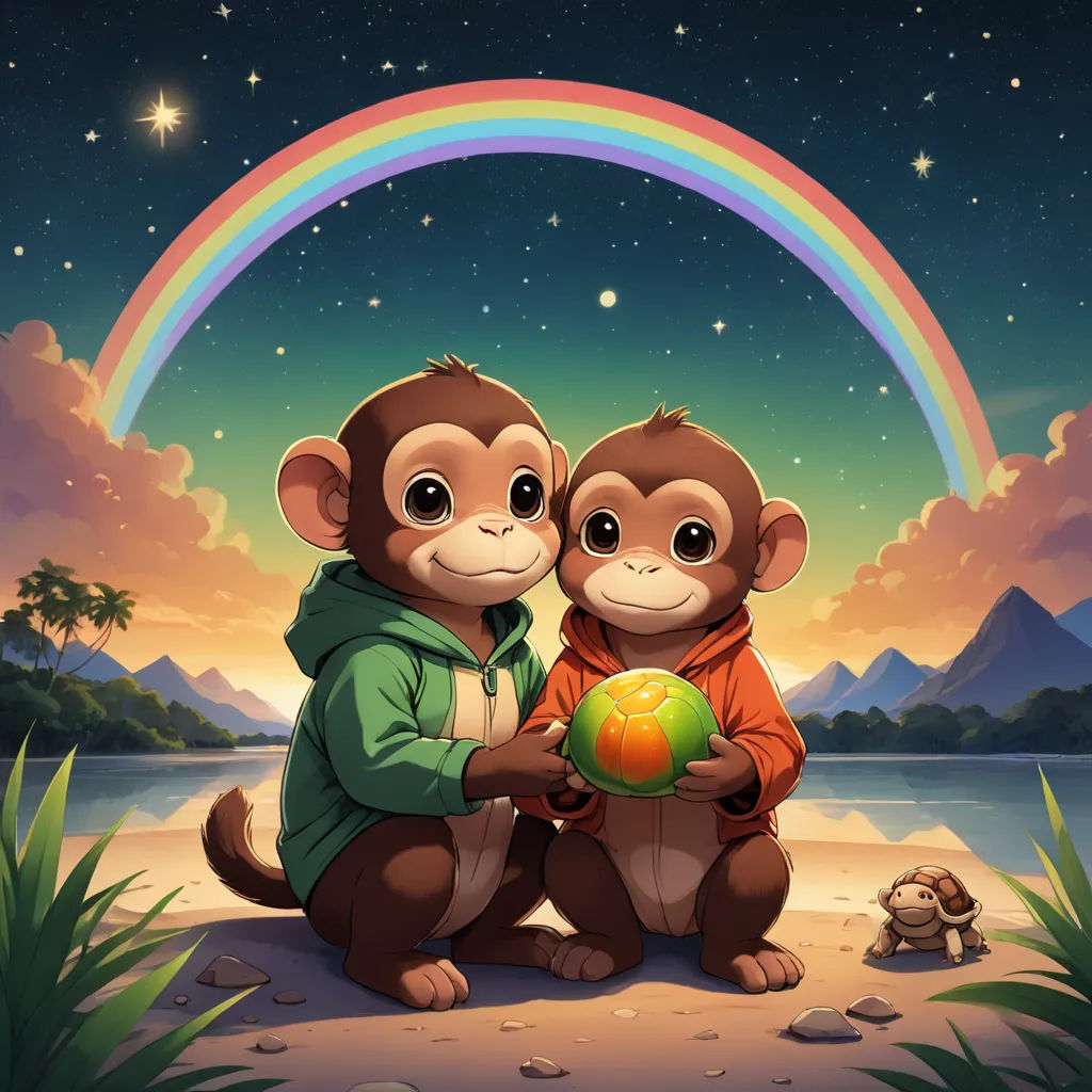 two monkeys are sitting on the ground with a ball in their hands and a rainbow in the background with stars, sots art, an album cover, Chris LaBrooy, rossdraws global illumination
