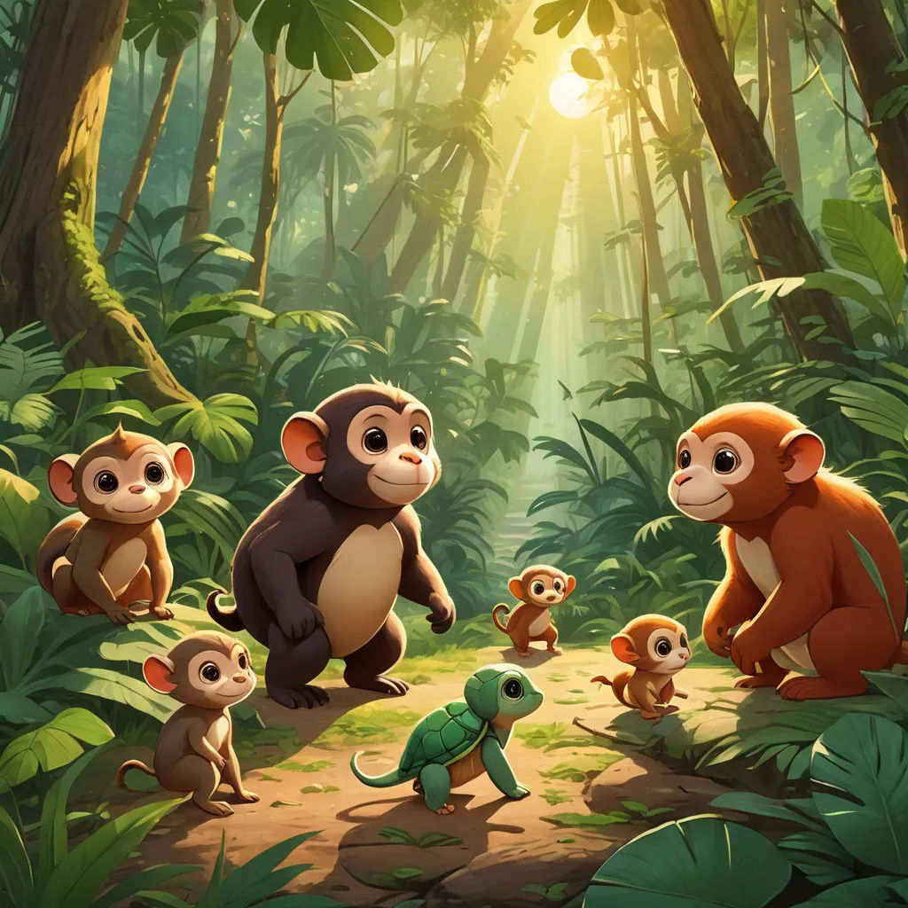 a group of monkeys in the jungle with a turtle and a turtle on a path in the foreground, sots art, poster art, Chris LaBrooy, promotional image