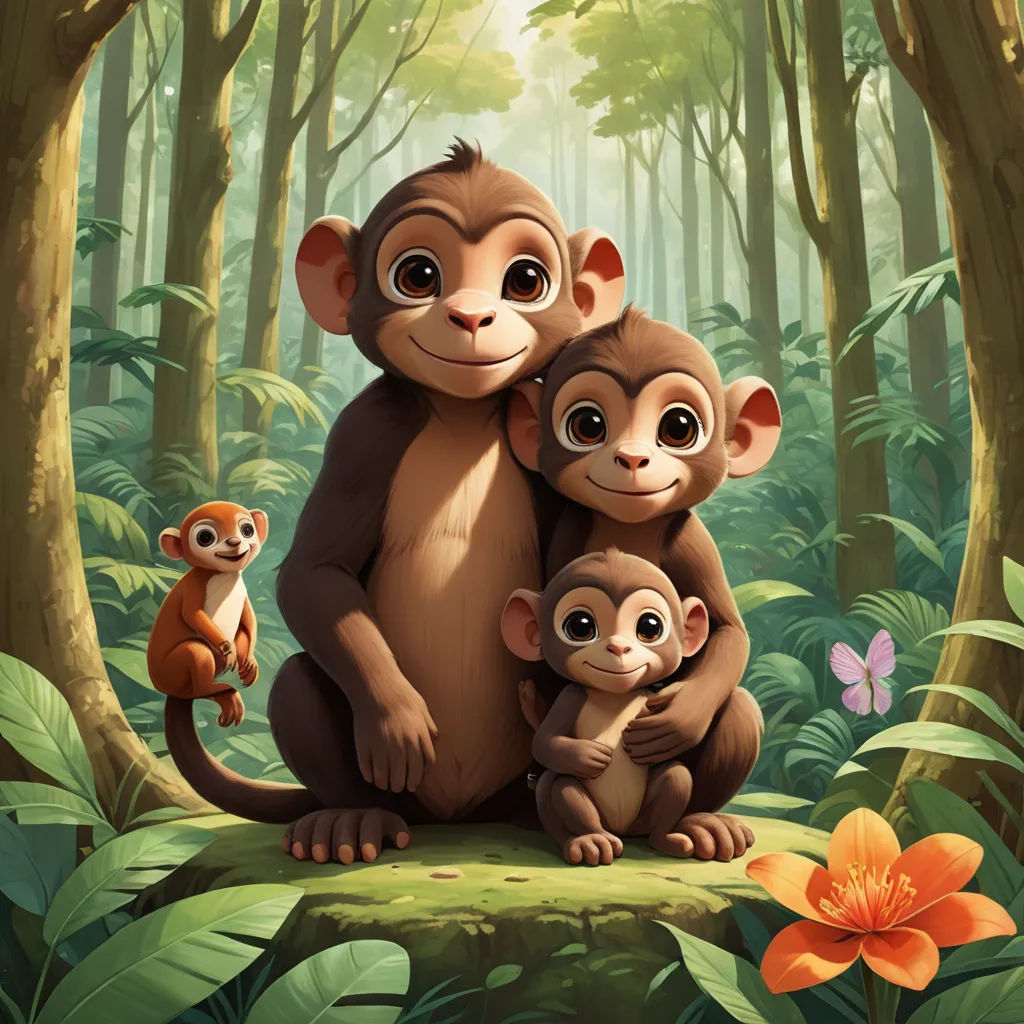a monkey and two baby monkeys in a forest with a butterfly on the ground and a flower in the foreground, sots art, poster art, Chris LaBrooy, promotional image