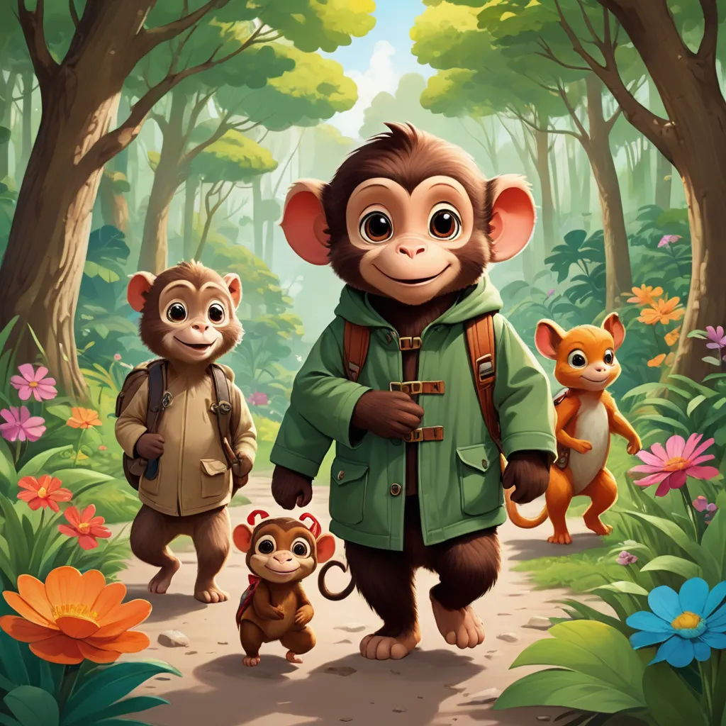 a monkey and two monkeys are walking through the woods together, with a man in a green jacket and a monkey in a brown jacket, sots art, poster art, Basuki Abdullah, promotional image