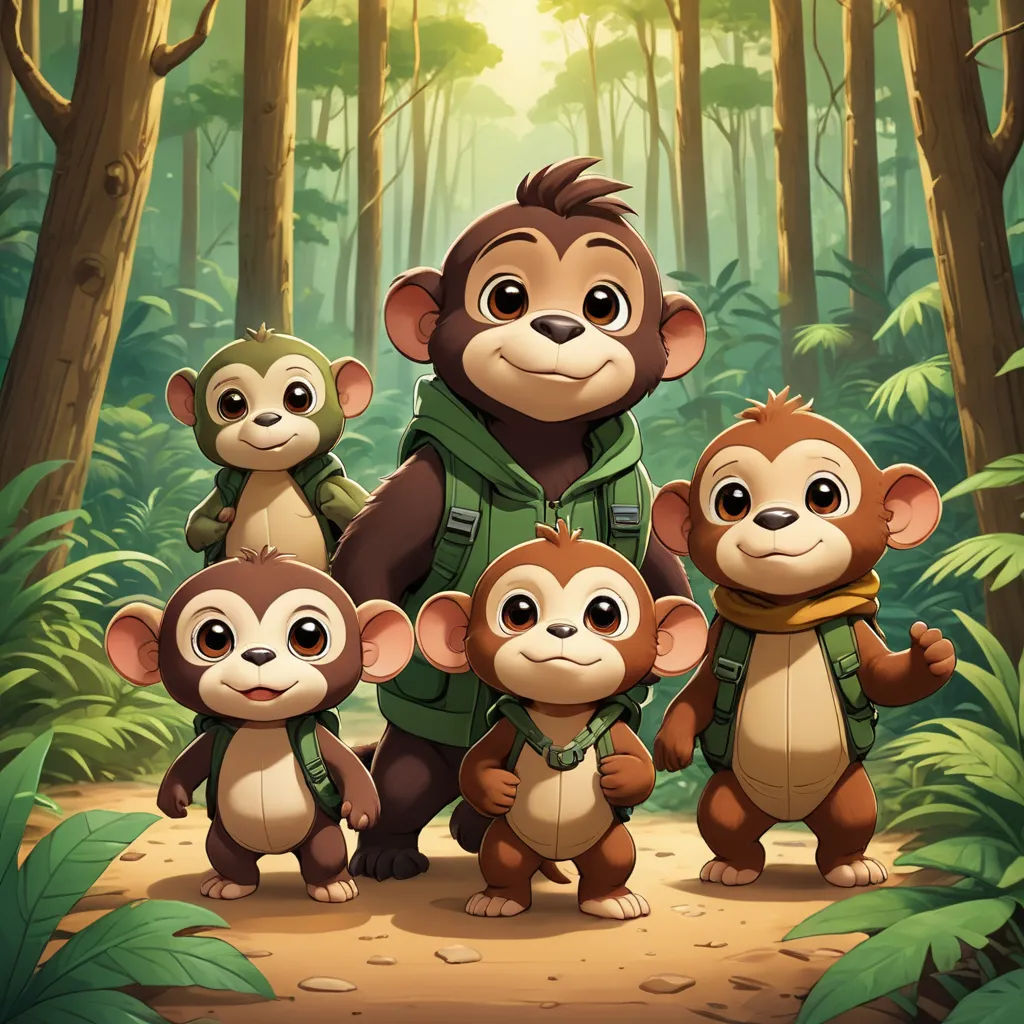 a group of monkeys standing in the middle of a forest with a man in a green jacket and a monkey on his back, sots art, a poster, Diego Gisbert Llorens, promotional image