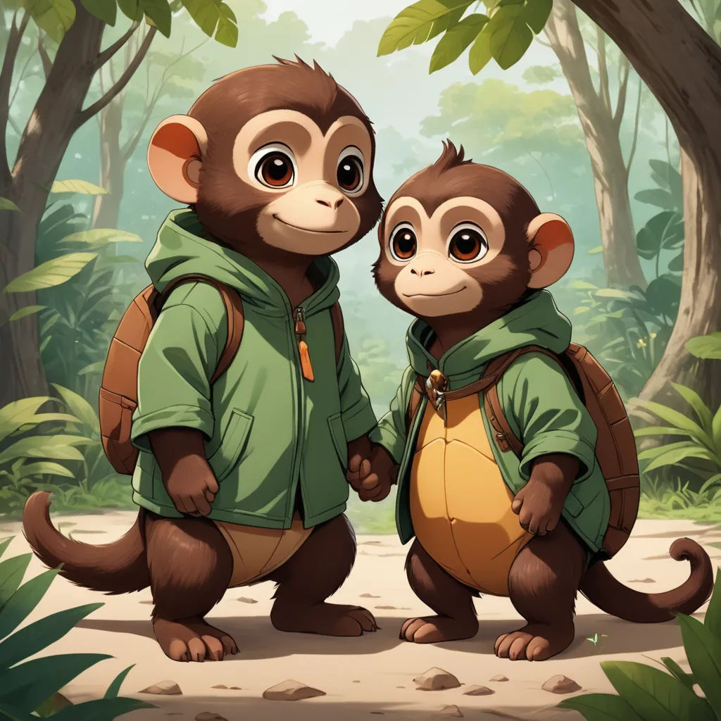 two monkeys standing next to each other in a forest with trees and bushes behind them, one wearing a green jacket and the other wearing a backpack, sots art, concept art, Diego Gisbert Llorens, official art