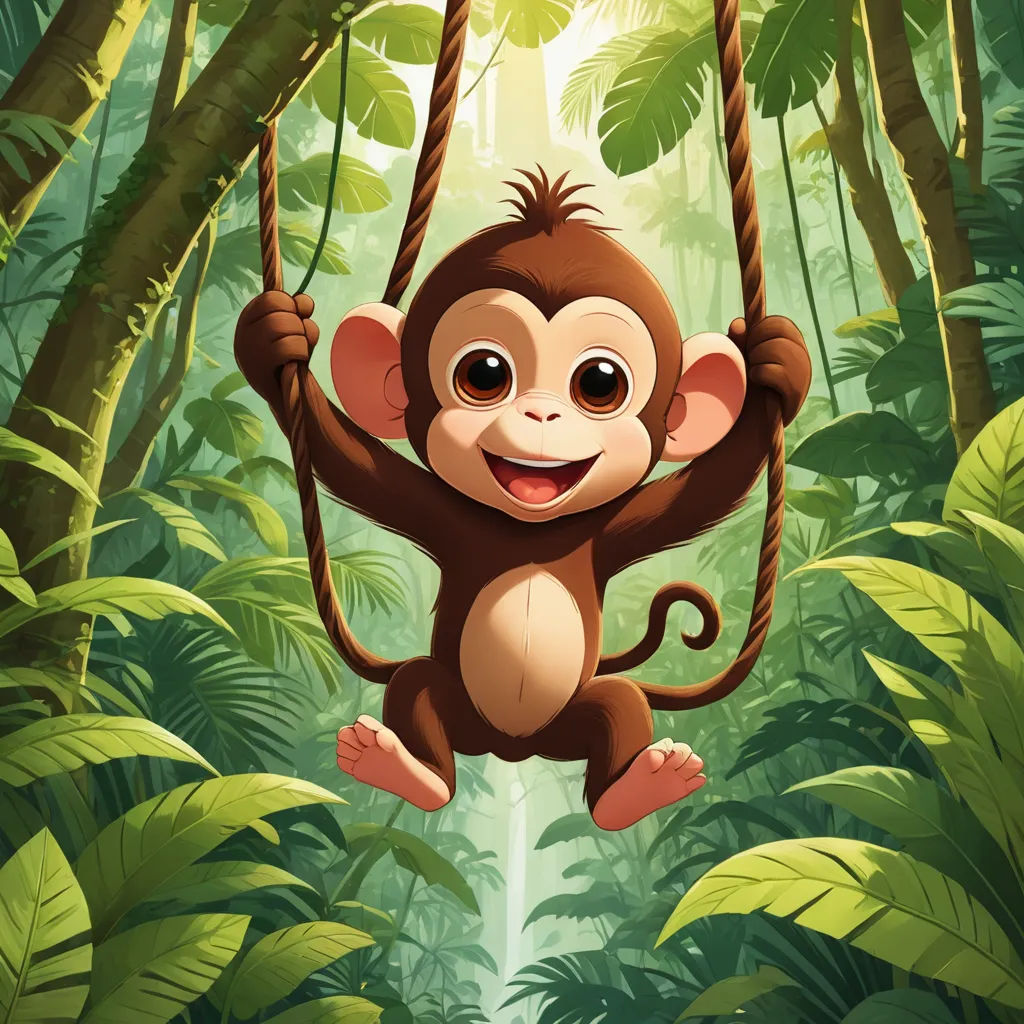 a monkey hanging from a rope in a jungle with a smile on its face and eyes, with a jungle background, primitivism, a digital painting, Alex Petruk APe, jungle