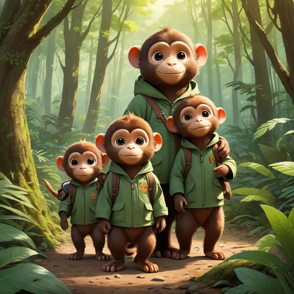 a group of monkeys in a forest with a man in a green jacket and three children in green jackets, furry art, a poster, Du Jin, key art