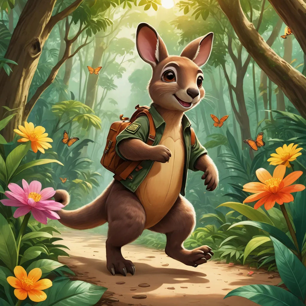 a cartoon kangaroo with a backpack in the forest with flowers and butterflies around him, and a butterfly flying overhead, furry art, a character portrait, Chris LaBrooy, key art