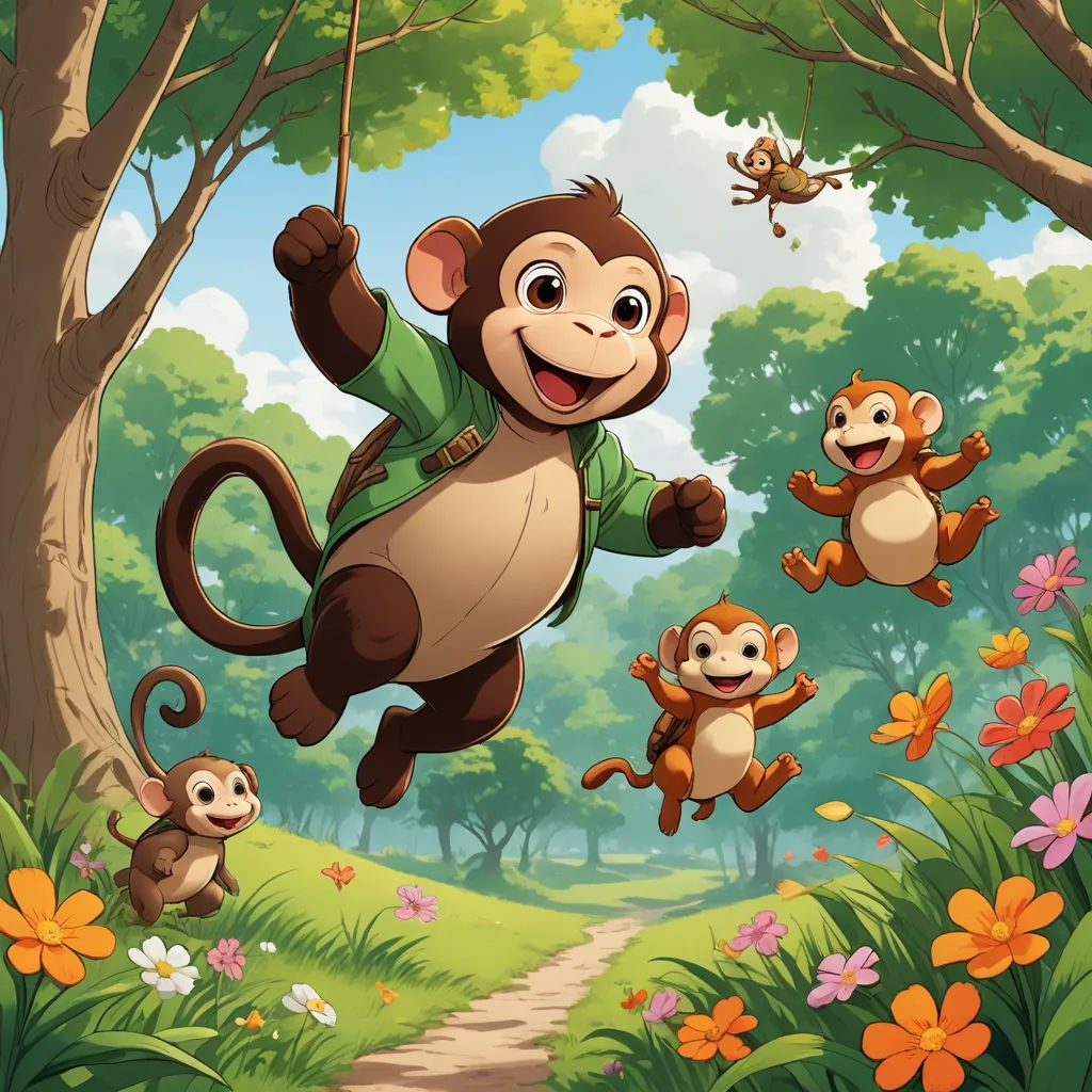 a monkey is swinging on a tree with other monkeys in the background and a monkey hanging from a tree, sots art, a storybook illustration, Diego Gisbert Llorens, promotional image