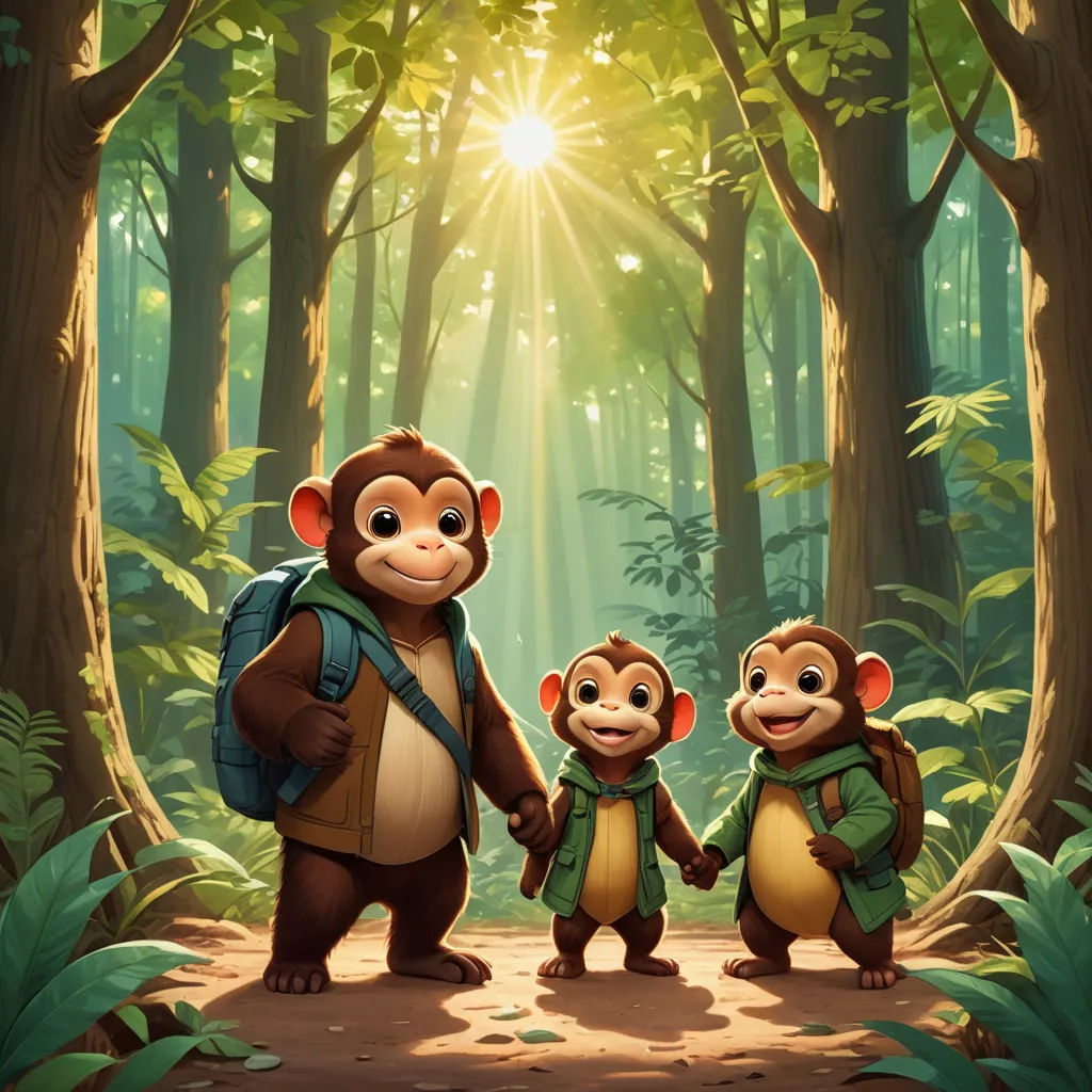a family of three monkeys standing in the middle of a forest with the sun shining through the trees behind them, sots art, a storybook illustration, Chris LaBrooy, official art