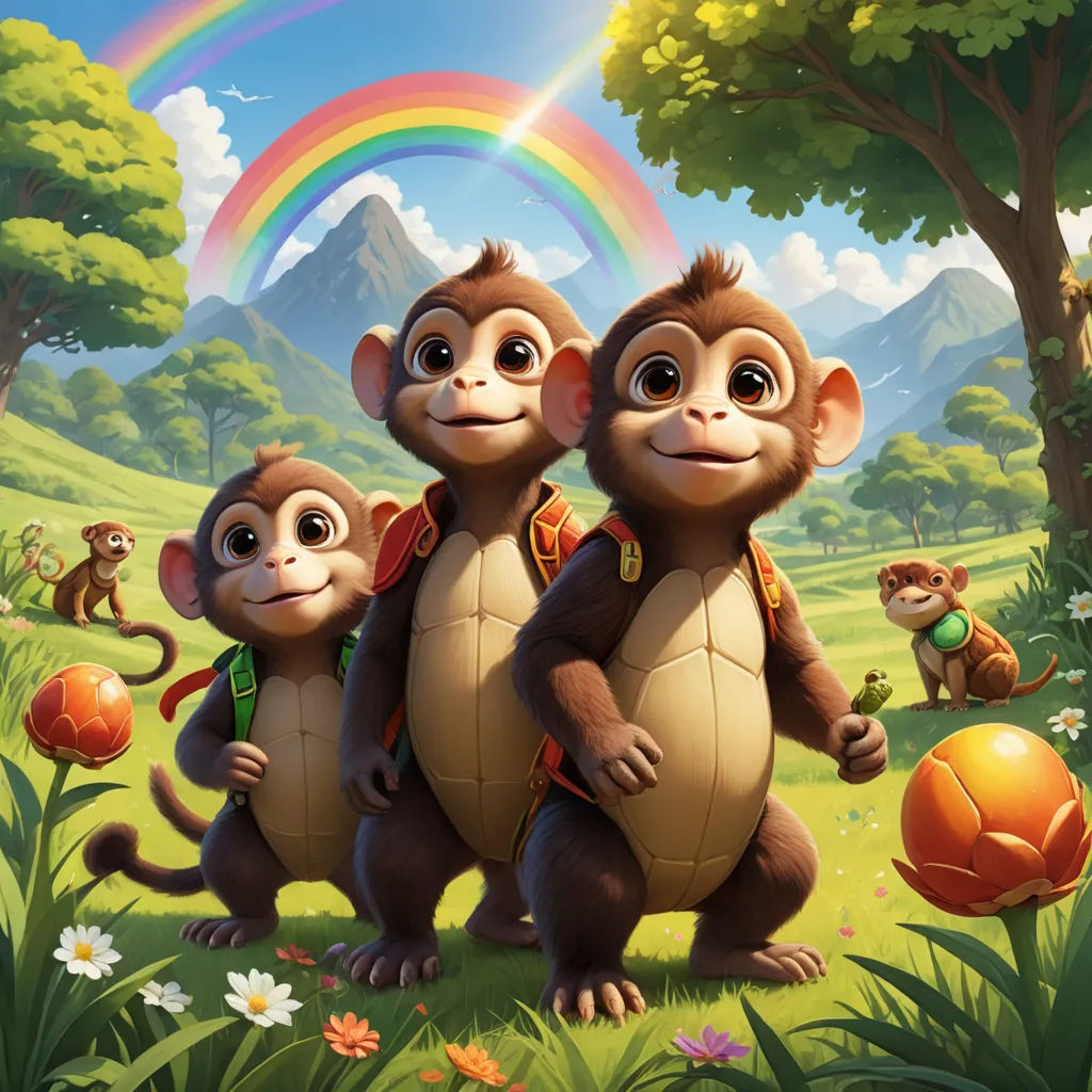 a group of monkeys standing next to each other in a forest with a rainbow in the background and a rainbow in the sky, sots art, poster art, Chris LaBrooy, key art