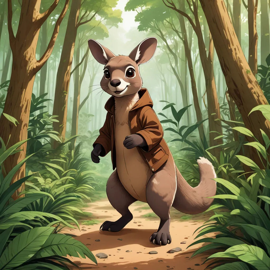 a cartoon kangaroo in a forest with trees and bushes around it, wearing a brown jacket and standing on one foot, furry art, a character portrait, Chris LaBrooy, official art