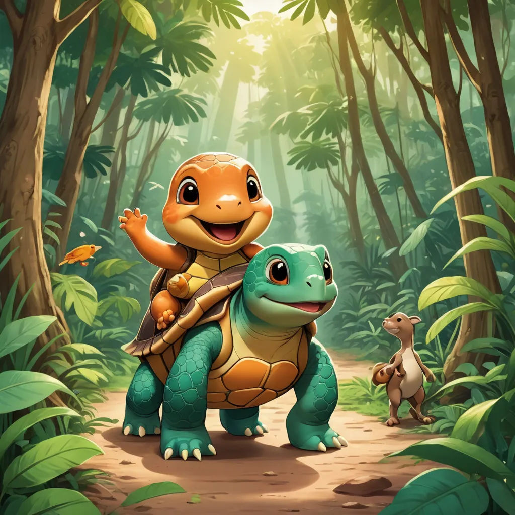 a cartoon turtle riding on the back of a turtle in a forest with a baby turtle nearby on a path, sots art, concept art, Chris LaBrooy, official art