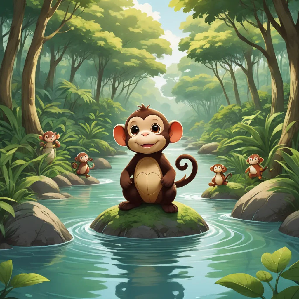 a monkey sitting on a rock in a river surrounded by monkeys in the forest illustration by alex krapf, sots art, a storybook illustration, Chris LaBrooy, jungle