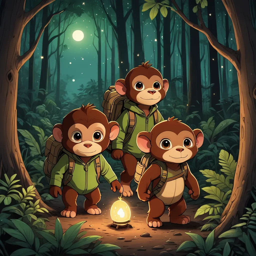 three monkeys are standing in the woods with a lantern in their hands and a backpack on their back,, sots art, a storybook illustration, Diego Gisbert Llorens, highly detailed digital painting