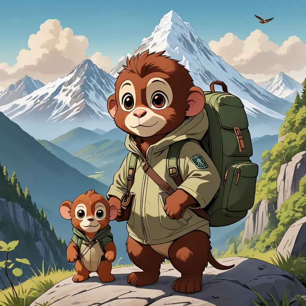a monkey and a monkey cub are standing on a mountain top with a backpack on their shoulders and a backpack on their back, sots art, concept art, Chris LaBrooy, official art