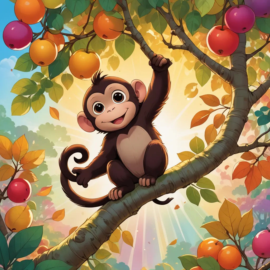 a monkey sitting on a tree branch with fruit in the background and a sunburst in the sky, sots art, a storybook illustration, Chris LaBrooy, official art