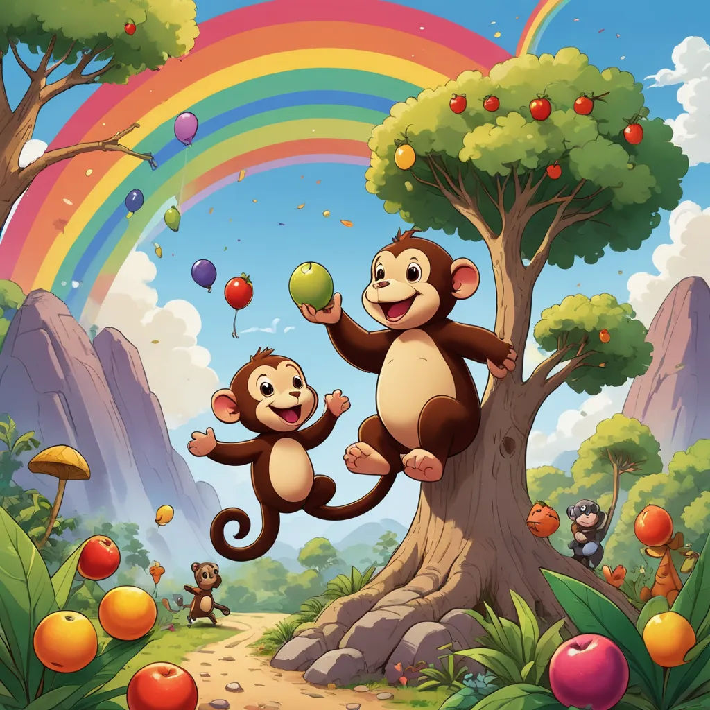 a monkey and a monkey are playing in the forest with apples and a rainbow in the background illustration by alex krawc, pop surrealism, a storybook illustration, Chris LaBrooy, highly detailed digital painting