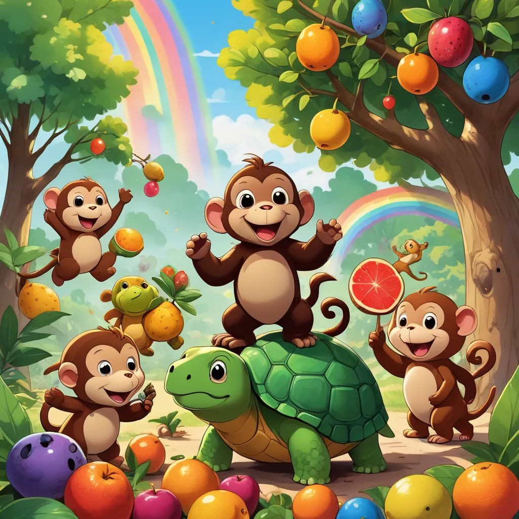 a group of monkeys and a turtle in a forest with a rainbow in the background and a rainbow in the sky, sots art, a storybook illustration, Chris LaBrooy, highly detailed digital painting