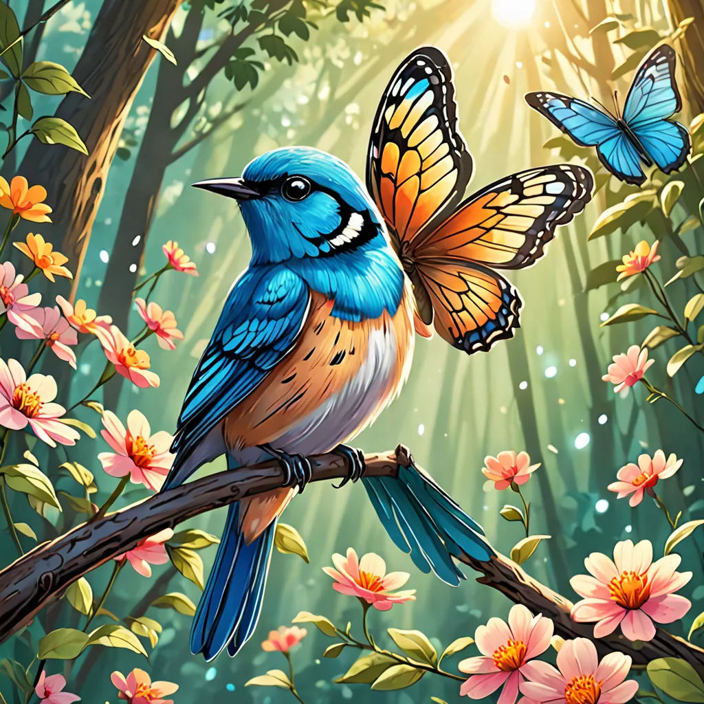 a painting of a blue bird sitting on a branch with a butterfly on it's wing and flowers in the background, fantasy art, an airbrush painting, Anne Stokes, highly detailed digital painting