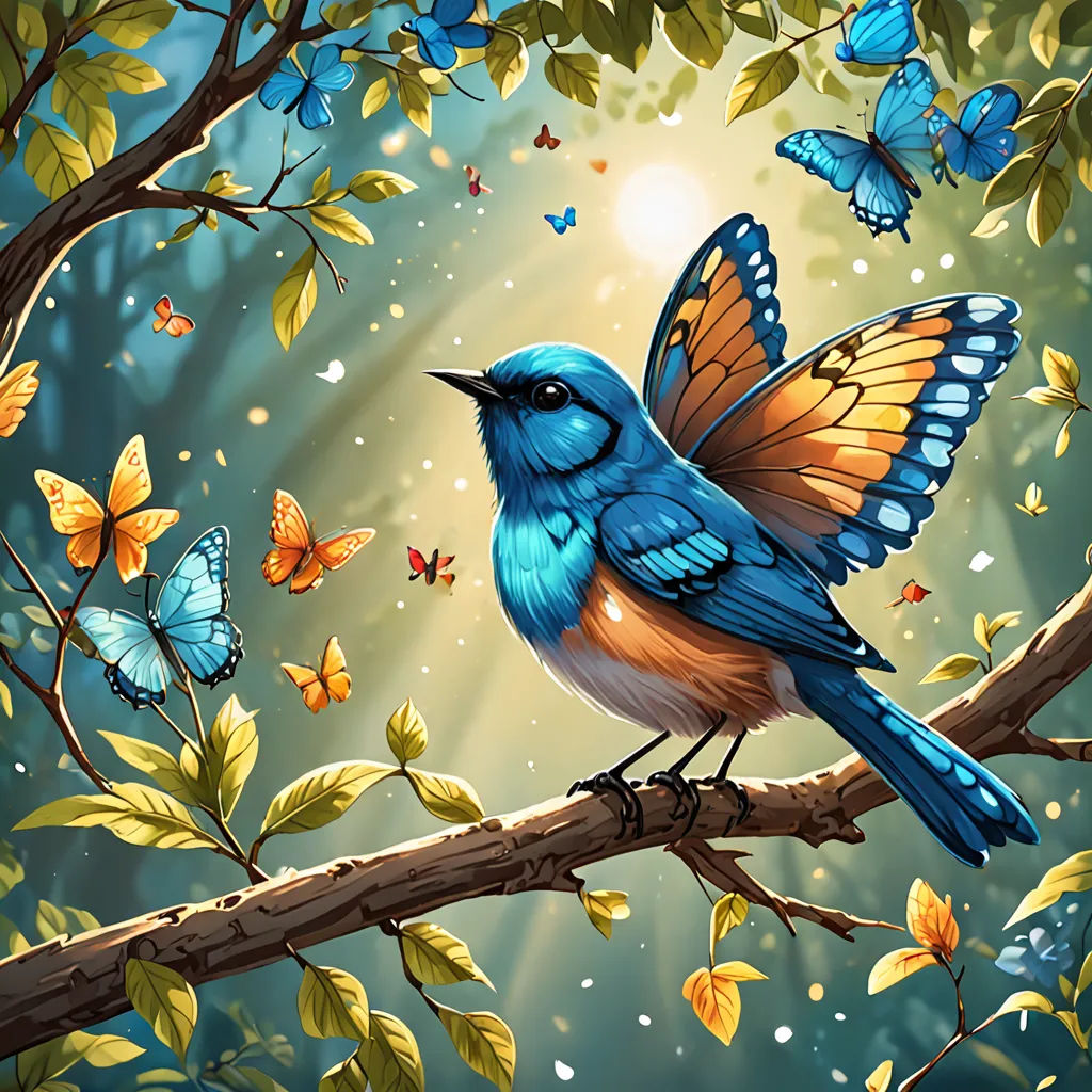 a blue bird sitting on a branch with butterflies around it and a sunbeam in the background with a blue sky, fantasy art, a storybook illustration, Chris LaBrooy, highly detailed digital painting
