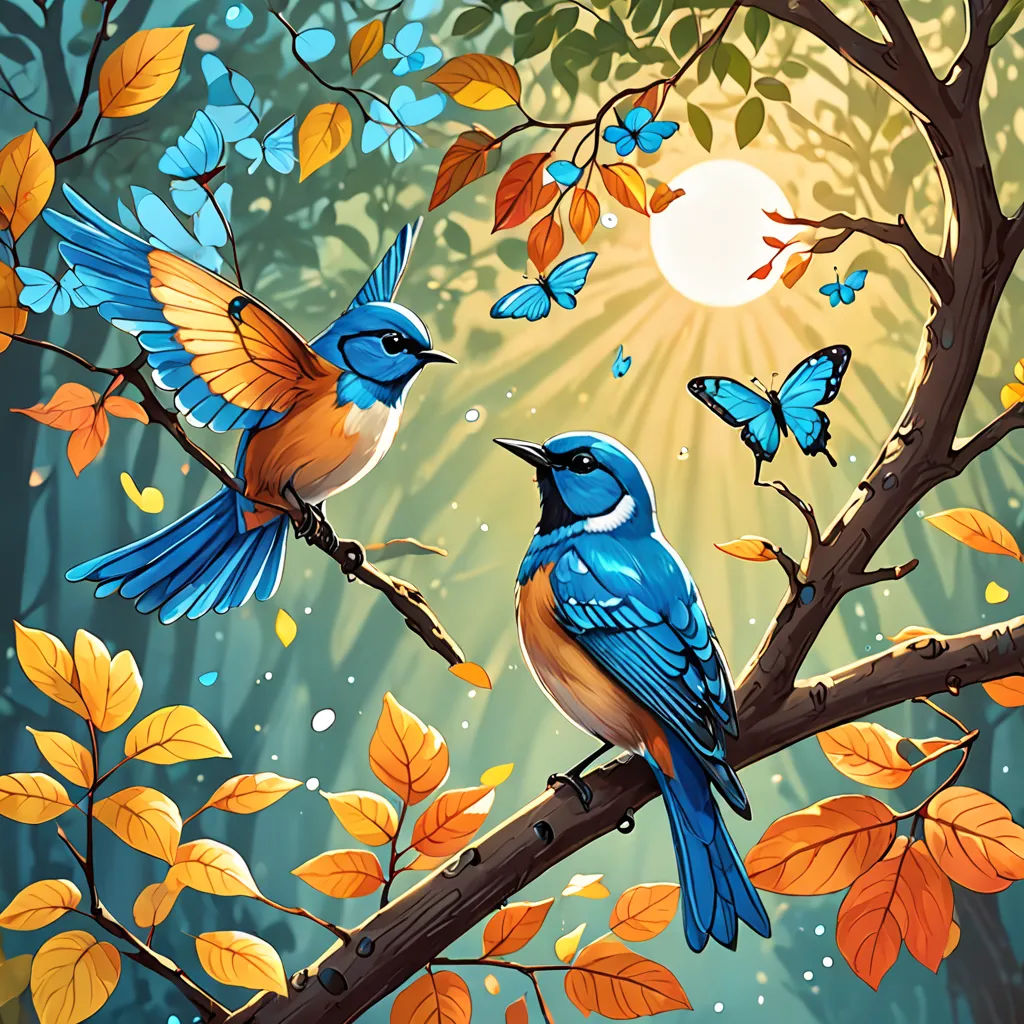 two birds perched on a branch with leaves and butterflies around them, with a full moon in the background, fantasy art, a storybook illustration, Chris LaBrooy, rossdraws global illumination