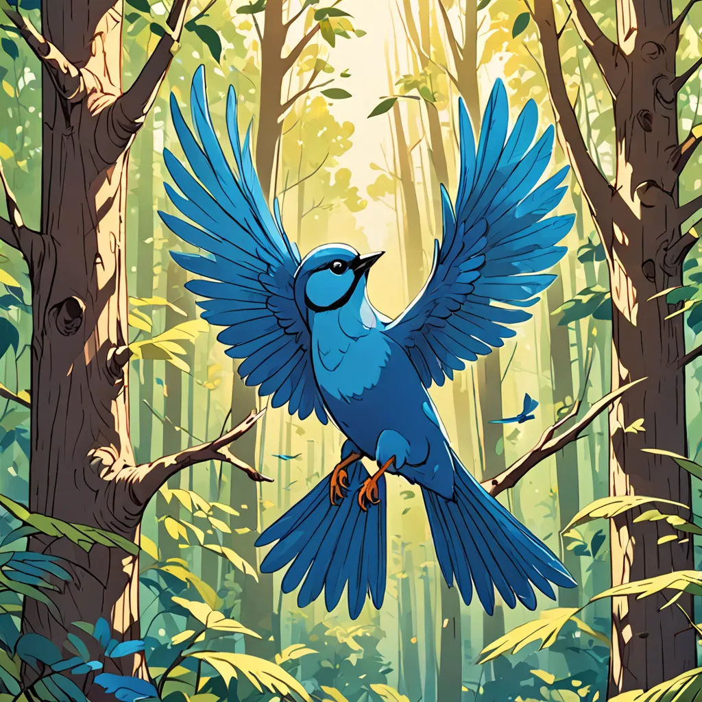 a blue bird with its wings spread in a forest with trees and leaves on the ground and a sun shining through the trees, process art, a storybook illustration, Chris LaBrooy, josan gonzales and dan mumford