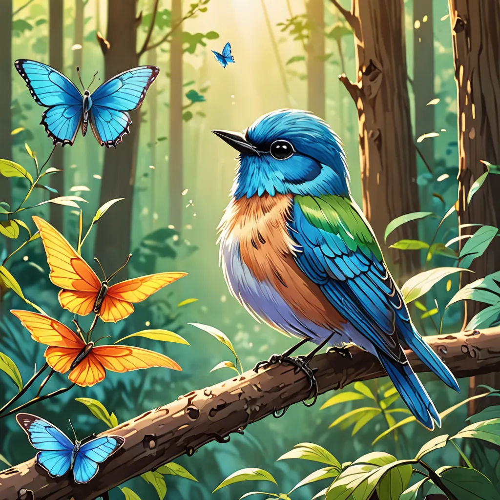 a bird sitting on a branch in a forest with butterflies flying around it and a butterfly on the branch, magic realism, a storybook illustration, David Martin, birds