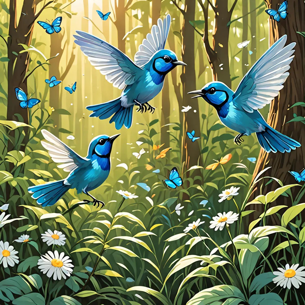 a painting of two blue birds flying over a forest filled with flowers and butterflies, with a butterfly in the foreground, magic realism, a storybook illustration, Chris LaBrooy, birds