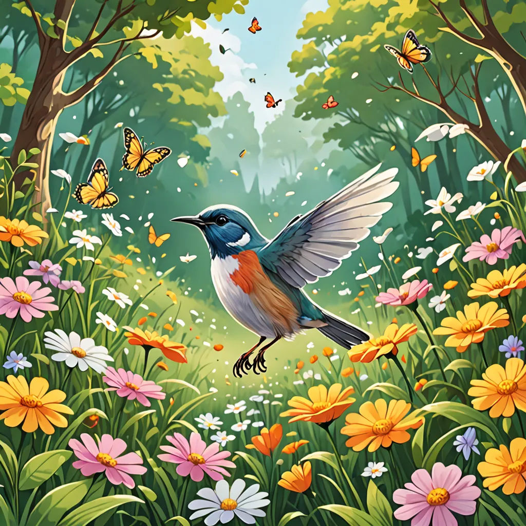 a painting of a bird flying over a field of flowers and butterflies with a butterfly in the background and a butterfly in the foreground, fantasy art, a storybook illustration, Chris LaBrooy, highly detailed digital painting