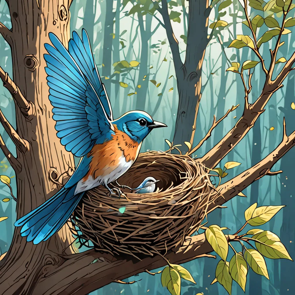 a bird is sitting on a tree branch with its wings spread out and a nest in the middle of the tree, magic realism, a storybook illustration, Chris LaBrooy, highly detailed digital painting