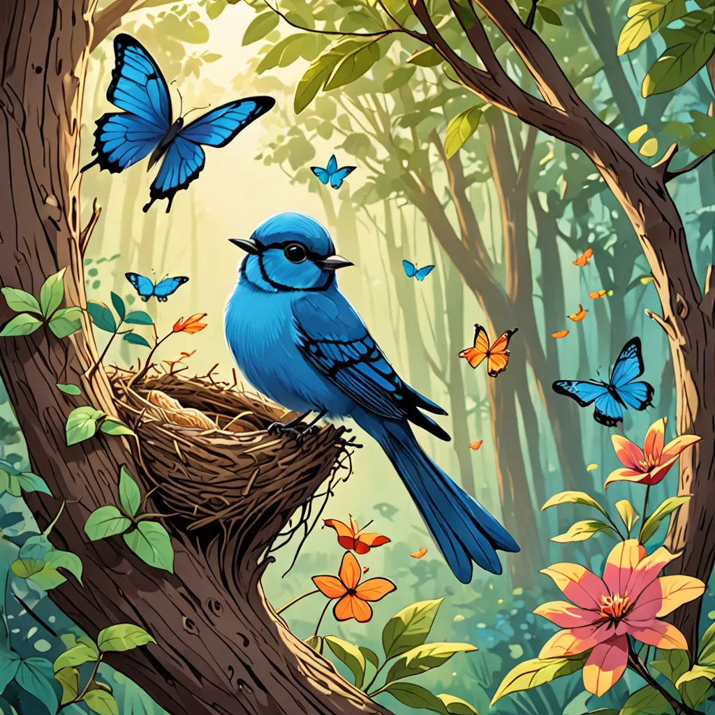 a blue bird sitting on top of a nest in a tree filled with butterflies and flowers next to a forest, magic realism, a storybook illustration, Chris LaBrooy, highly detailed digital painting