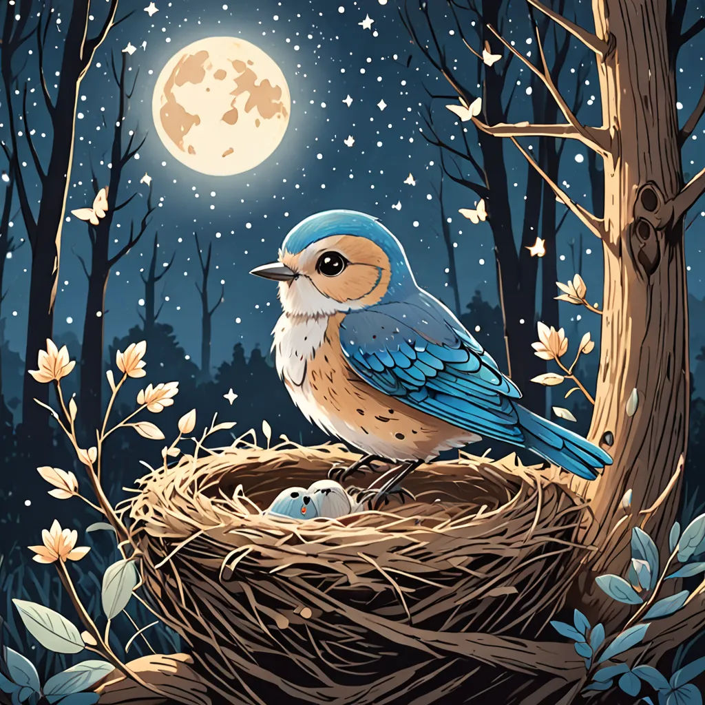 a bird sitting on top of a nest in a tree with a full moon in the background and stars in the sky, pop surrealism, a storybook illustration, Dan Mumford, highly detailed digital painting