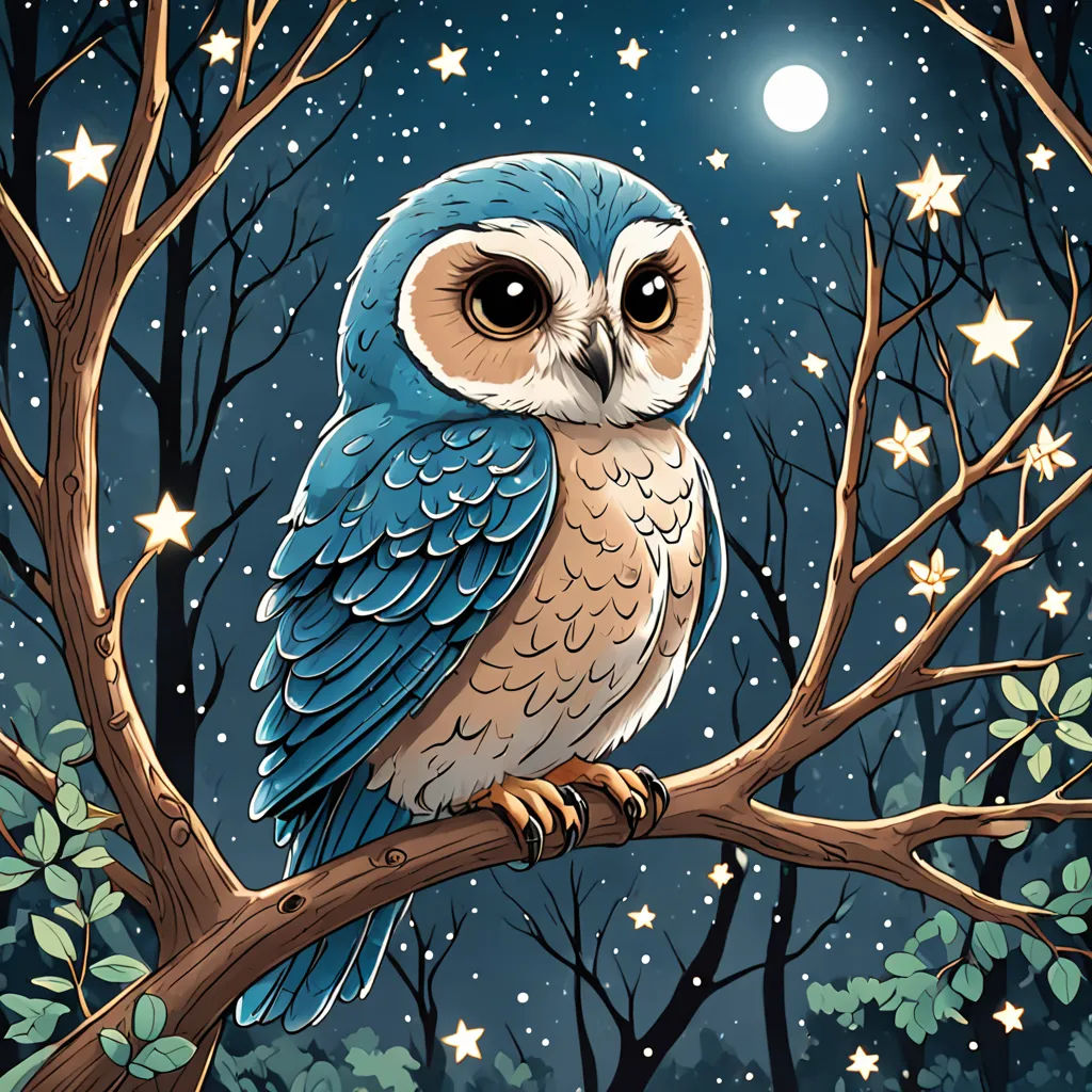 a blue owl sitting on a branch of a tree with stars in the sky above it and a full moon in the background, fantasy art, a storybook illustration, Dan Mumford, josan gonzales and dan mumford