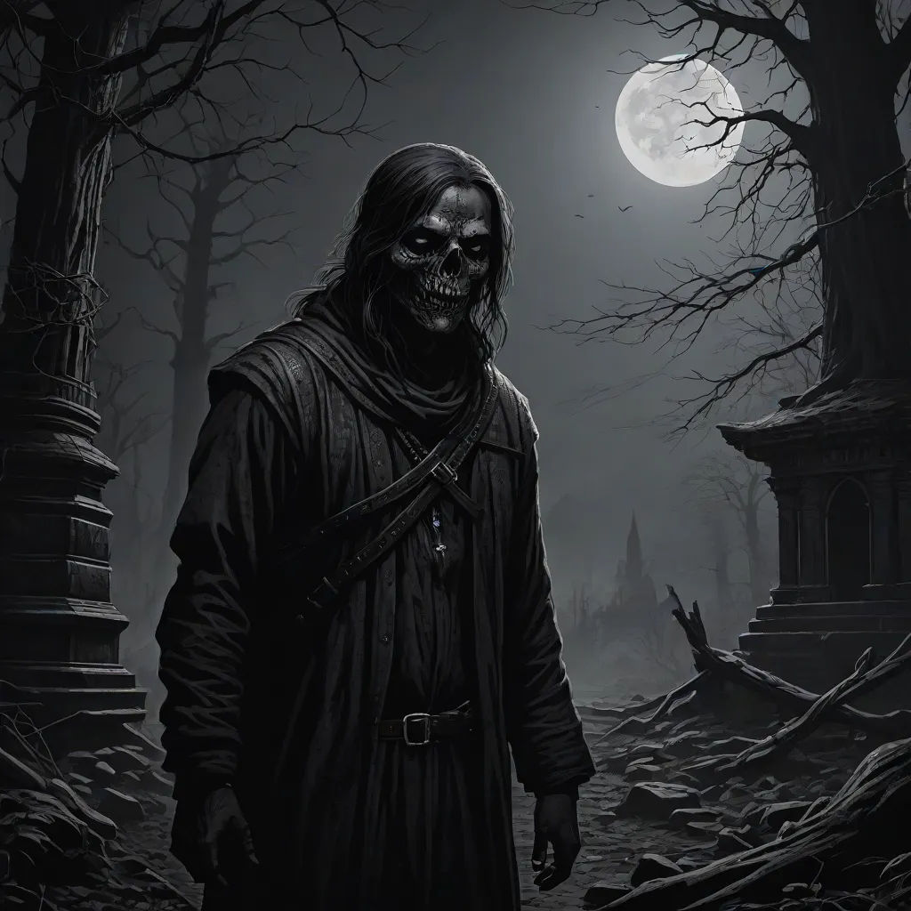 a man in a hooded outfit standing in the woods with a full moon behind him and a creepy looking face, dark art, gothic art, a character portrait, Bastien L. Deharme