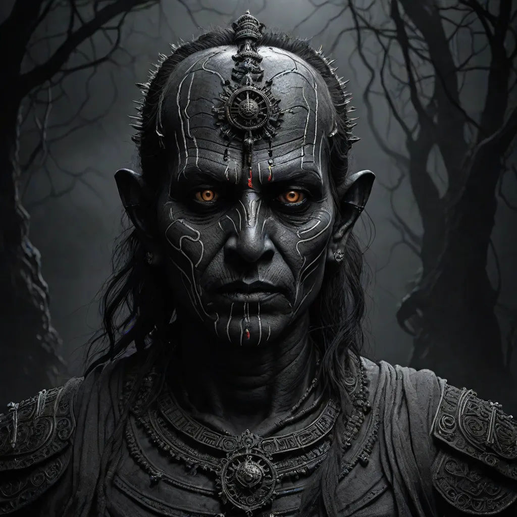 a man with a creepy face and a creepy look on his face, in a dark forest with trees, weta digital, gothic art, a detailed matte painting, Eddie Mendoza