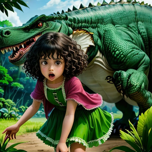 a girl in a green dress is walking next to a dinosaur in the jungle with a large alligator behind her