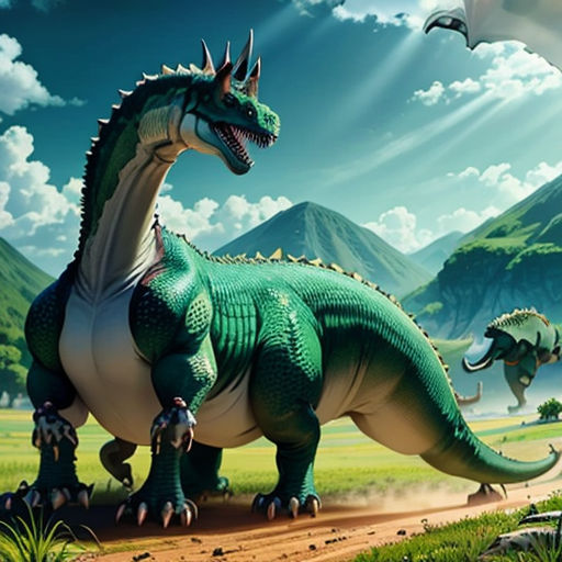 a green and white dinosaur in a field with mountains in the background and a sky with clouds above it