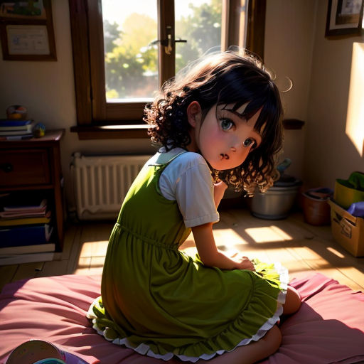 a little girl sitting on a bed in a room with a window and a table with a bowl of food