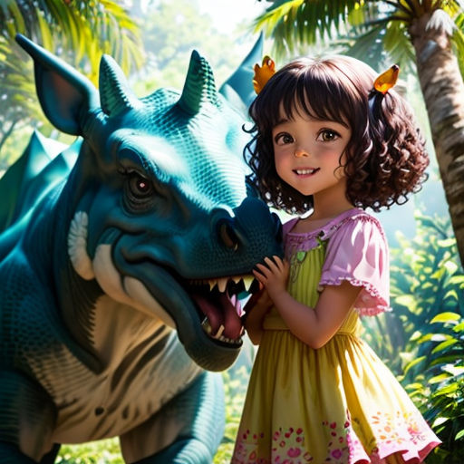 a little girl standing next to a dinosaur in a forest with a large dinosaur behind her and a smaller dinosaur behind her
