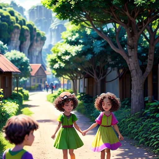 three children walking down a dirt road holding hands and smiling at each other, with a mountain in the background