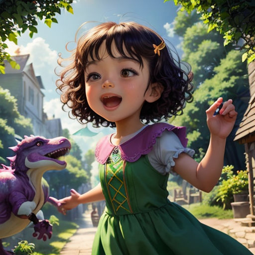 a little girl in a green dress holding a purple dinosaur toy in a park with a house in the background