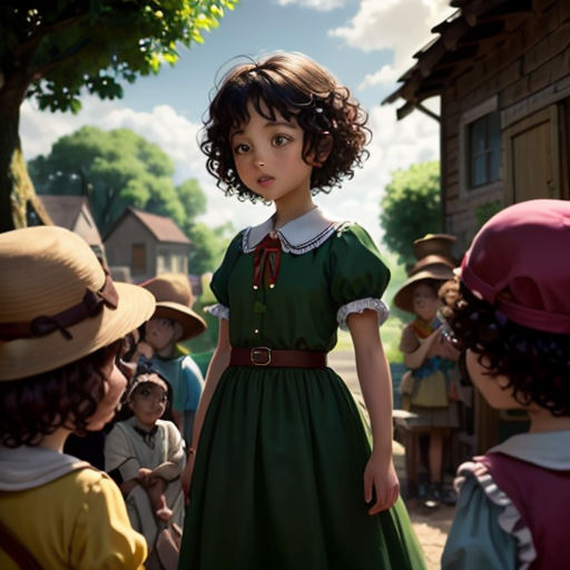 a little girl in a green dress standing in front of a group of children in a village with a tree