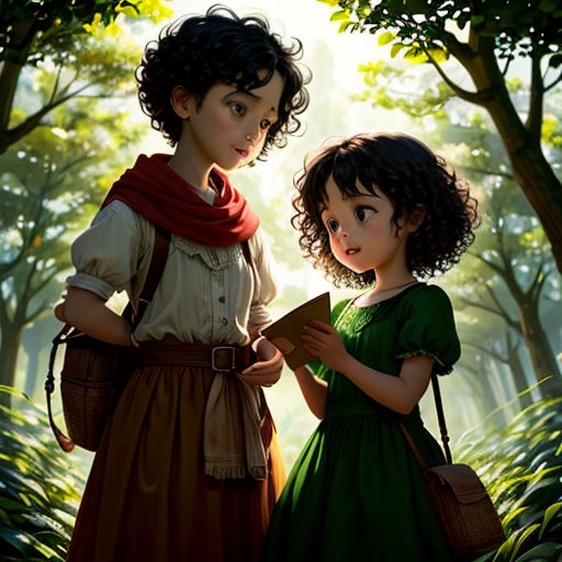 two children standing in a forest looking at a book together, with the girl in the green dress holding a book