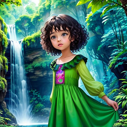 a little girl in a green dress standing in front of a waterfall in the forest with a waterfall in the background