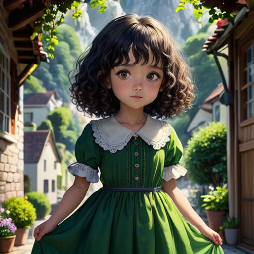 a little girl in a green dress standing in front of a house with a mountain in the background and a house with a flower pot