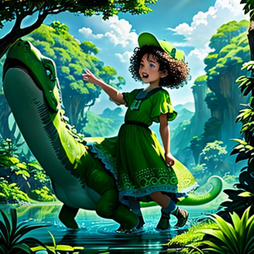 a girl in a green dress riding a dinosaur through a forest with a green hat and green dress on